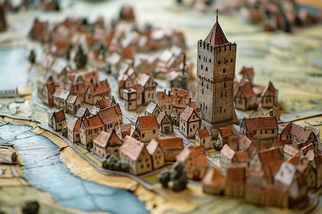 A detailed miniature model of a medieval town is presented, showcasing numerous small, intricately designed houses with reddish-brown roofs. A prominent stone tower, taller than the surrounding buildings, stands as a central focal point.  The town is situated beside a painted waterway, adding depth and context to the scene. The model exhibits meticulous craftsmanship and a charming, old-world aesthetic.