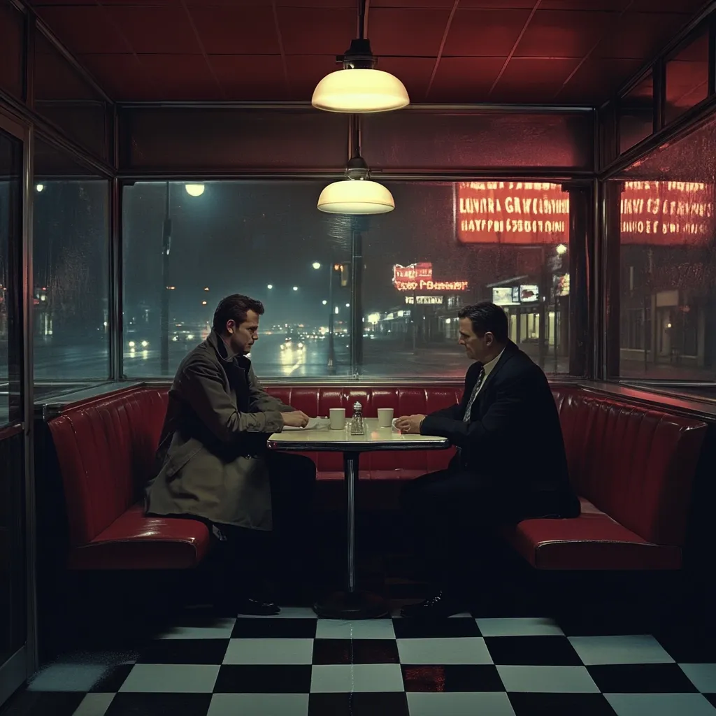 Two men in suits sit opposite each other at a small booth in a retro diner.  The diner is dimly lit, with a checkered floor and large windows showing a rain-slicked city street at night. Neon signs glow outside. The atmosphere is tense and suggestive of a clandestine meeting. The men appear serious and focused on each other.  A simple table sits between them, holding cups and a paper.