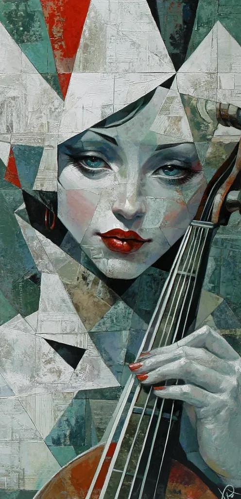 A stylized portrait of a woman playing a cello is depicted in a cubist style.  The woman's face is fragmented into geometric shapes, rendered in muted greens, grays, and reds. Her expression is serene, and her hand gently rests on the cello's strings. The background is a complex interplay of angular forms and textured surfaces, echoing the fragmented nature of the portrait.  The overall effect is one of both elegance and artistic deconstruction.