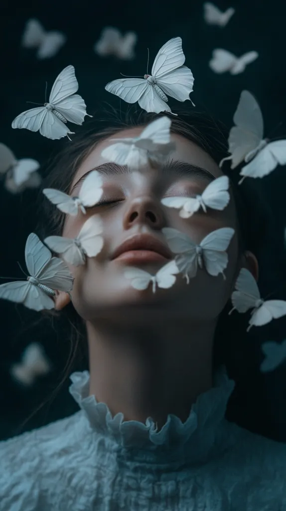 A serene young woman with eyes closed lies surrounded by numerous white butterflies.  The butterflies gently rest on her face and body, creating a dreamlike, ethereal atmosphere.  She wears a light-colored, ruffled blouse. The overall tone is peaceful and mystical, suggesting a connection between nature and the human spirit.  The dark background enhances the delicate beauty of the scene.