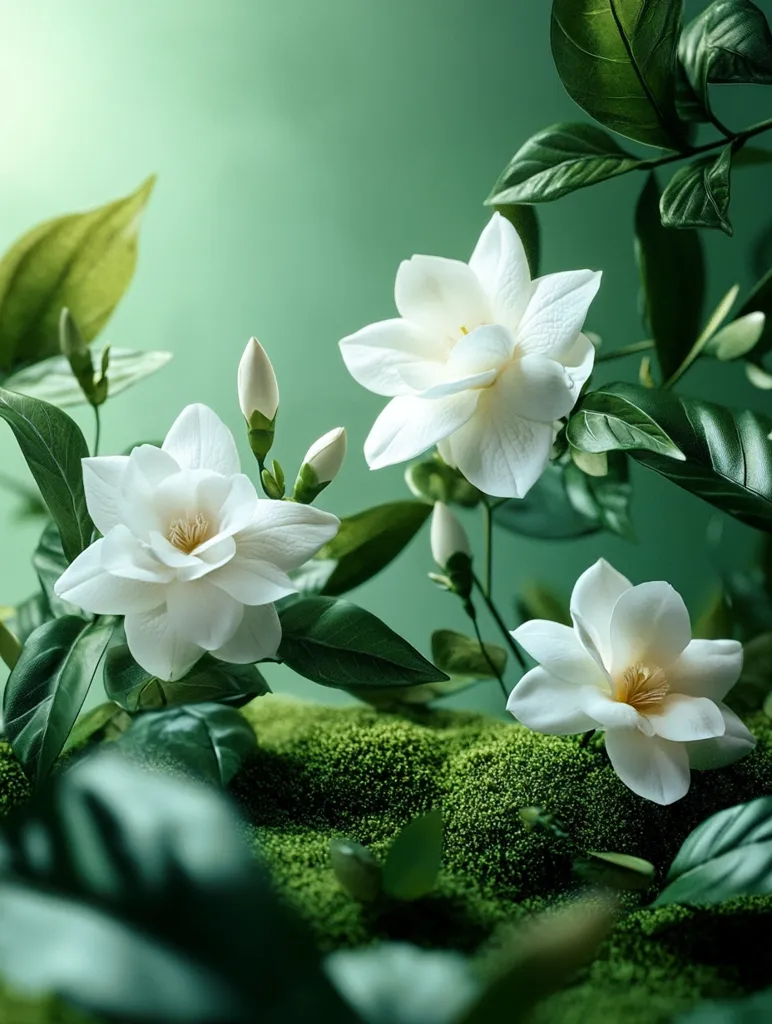 Several pristine white gardenias bloom amidst lush green foliage.  The flowers, with their delicate petals and vibrant centers, are nestled in a bed of moss.  The overall scene is one of serene beauty and natural elegance, highlighted by soft, diffused light.  The deep green backdrop enhances the purity of the blossoms.