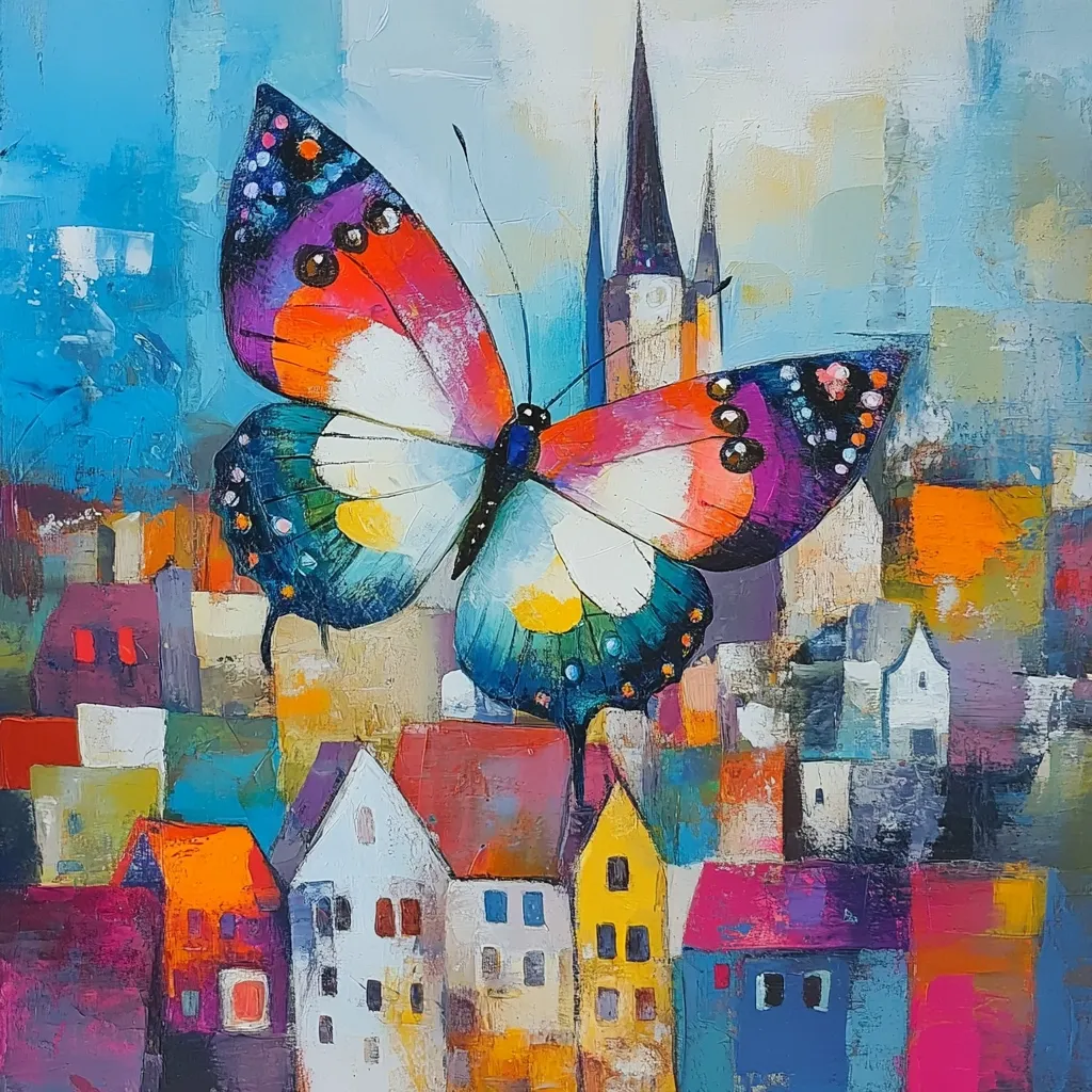 A vibrant oil painting depicts a large, colorful butterfly in flight above a whimsical cityscape.  The butterfly's wings showcase a spectrum of hues, from vibrant pinks and oranges to deep blues and purples.  The city below is rendered in a similarly bold palette, with houses of varying shapes and sizes clustered together, topped by a prominent church steeple. The overall style is expressive and impressionistic, focusing on color and texture.