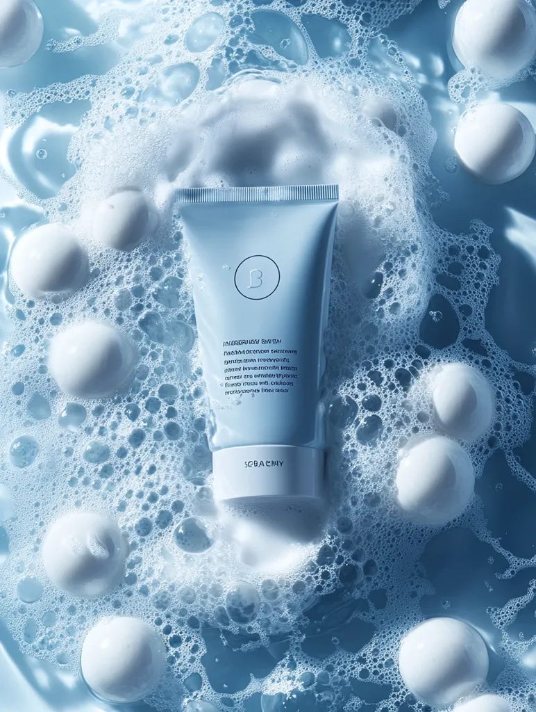 A tube of Scuba & Cry's Amorphous Balm sits nestled in a pool of bubbly, blue water.  Surrounding the product are several soft, white spheres, adding to the luxurious and spa-like aesthetic. The tube's minimalist design features a simple 'B' logo and partially visible text suggesting a cleansing or moisturizing product. The overall image evokes feelings of cleanliness and tranquility.