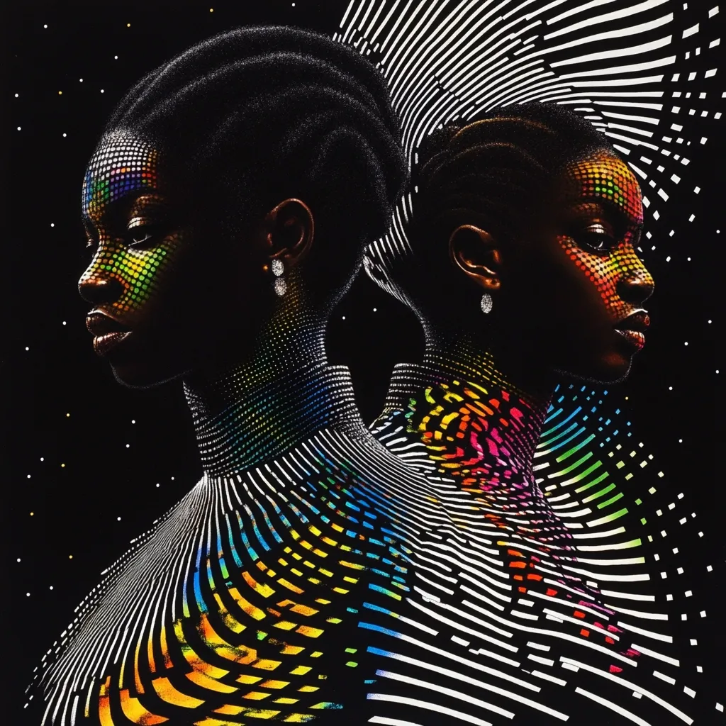 The artwork depicts two Black women, shoulders touching, their profiles presented in a mesmerizing interplay of light and shadow.  Their faces are rendered in a pointillist style with vibrant, multicolored dots.  They are enveloped in a dynamic pattern of white and black stripes overlaid with iridescent rainbow hues, creating a sense of movement and energy against a dark background speckled with stars.  Elegant earrings add a touch of refined detail.
