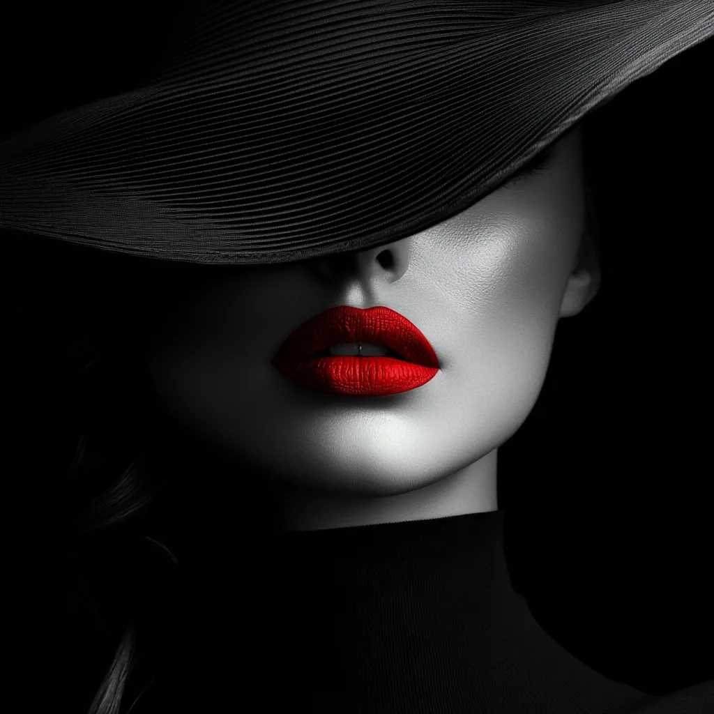 A close-up, black and white portrait of a woman wearing a large black hat.  Only her face and neck are visible, the hat shading her eyes.  Her full lips are painted a vibrant red, creating a striking contrast against the monochrome background.  The image evokes a sense of mystery and elegance.
