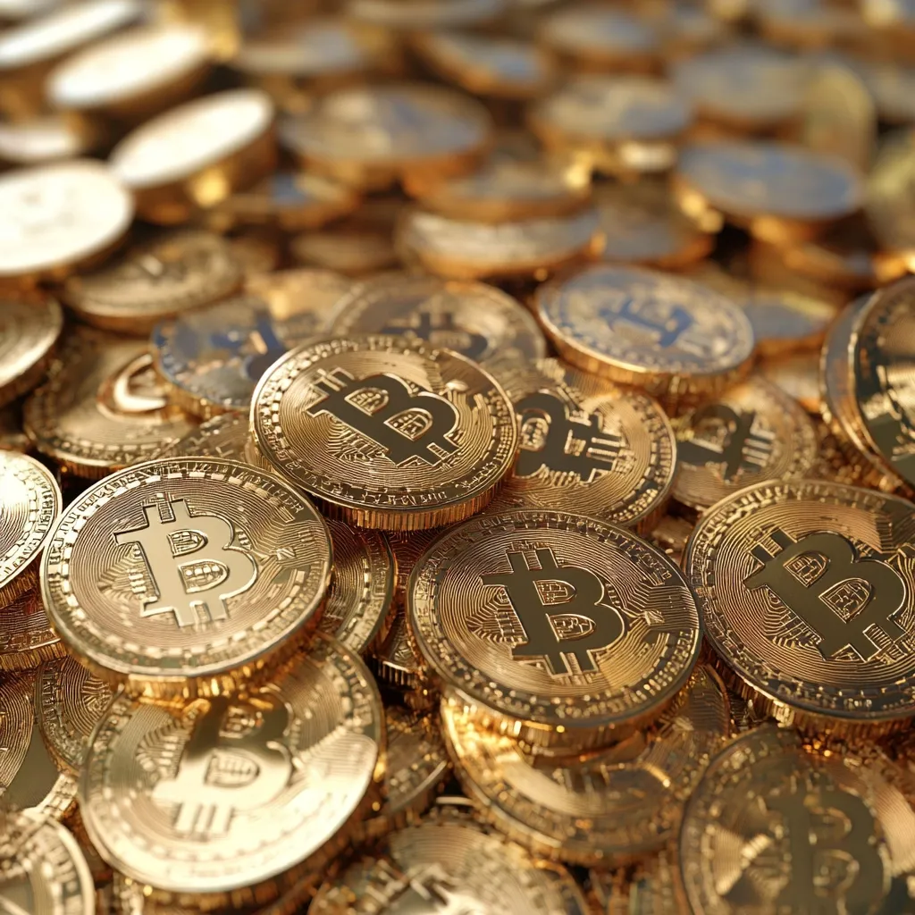 A large pile of gold-colored Bitcoin coins is shown. The coins are stacked on top of each other, creating a visually appealing texture. The Bitcoin symbol is clearly visible on each coin, and the overall impression is one of wealth and abundance. The image has a shallow depth of field, with the coins in the foreground being sharply in focus, while those in the background are slightly blurred.