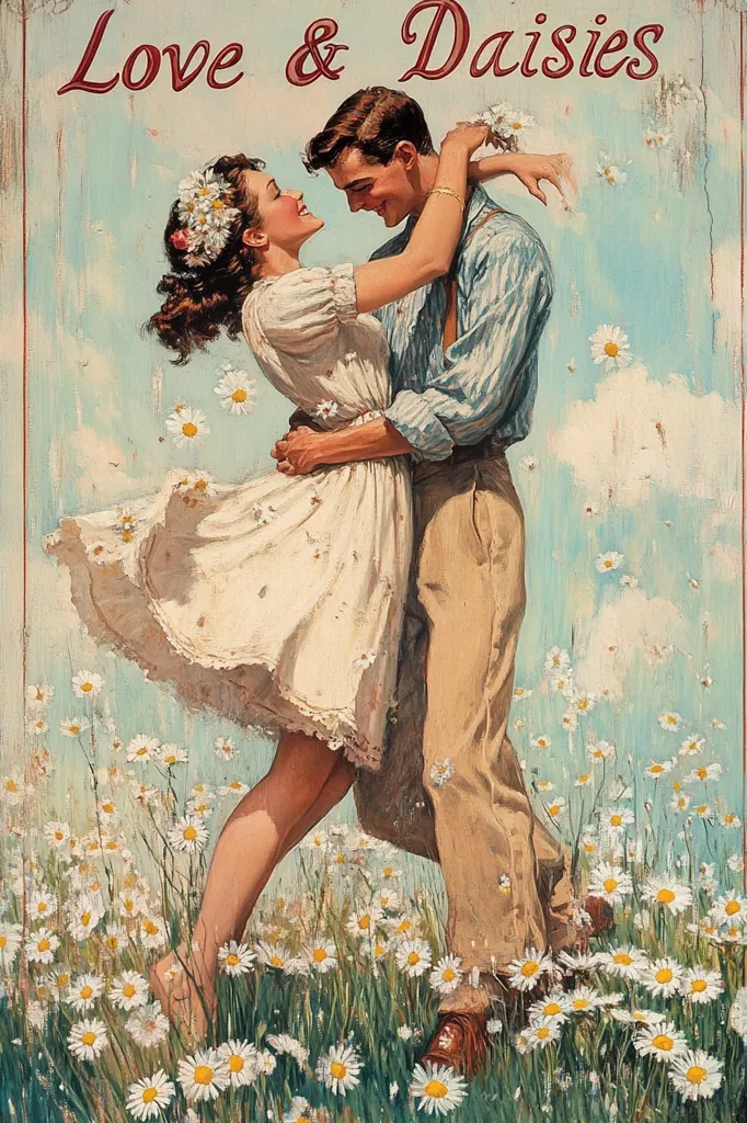 A vintage-style painting depicts a romantic couple embracing amidst a field of daisies.  The woman, wearing a white dress and daisy crown, is twirling as she's held close by her partner.  The man, in light-brown trousers and a light-blue shirt, gazes lovingly at her.  The words "Love & Daisies" are inscribed at the top, setting a sweet and nostalgic tone.  The artwork's soft colors and idyllic scene evoke feelings of love and happiness.