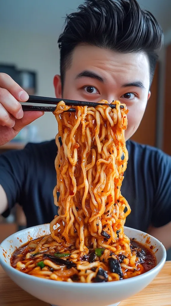 A young man with dark hair is enthusiastically enjoying a bowl of spicy ramen.  He uses chopsticks to lift a generous portion of the noodles, which are coated in a rich, reddish-brown sauce. The bowl is filled with noodles, a dark sauce, and visible green onions. His expression shows pure enjoyment of the flavorful dish.