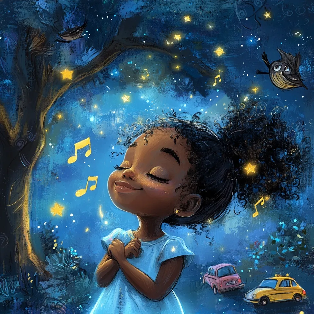 A digital painting depicts a young Black girl with curly hair standing under a tree at night.  She has her eyes closed, a serene expression, and her hands clasped together.  The scene is magical, filled with twinkling stars, musical notes floating in the air, and small cars below.  Owls perch on branches, adding to the whimsical nighttime atmosphere.  The overall mood is peaceful and dreamlike.