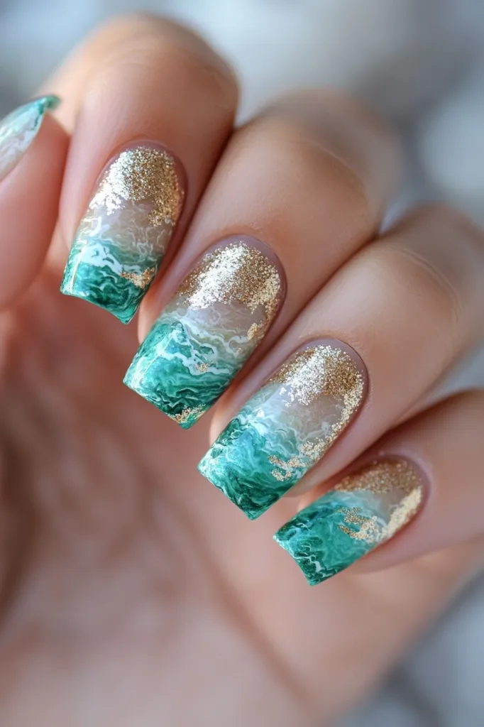 A close-up shot showcases a hand adorned with meticulously designed nails.  Each nail features a gradient of teal and white, mimicking ocean waves, accented with gold glitter. The square-shaped nails exhibit a sophisticated blend of colors and textures, creating a visually appealing and summery manicure.  The gold accents add a touch of elegance to the design.