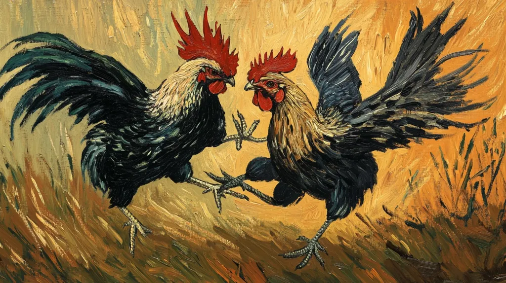 A vibrant painting depicts two roosters in a dynamic pose, seemingly engaged in a confrontation.  The artist uses bold brushstrokes and a warm, earthy palette, emphasizing the texture of feathers and the energy of the birds.  The roosters' plumage is richly detailed, contrasting dark and light hues. The background suggests a field of dry grass, enhancing the overall rustic feel.