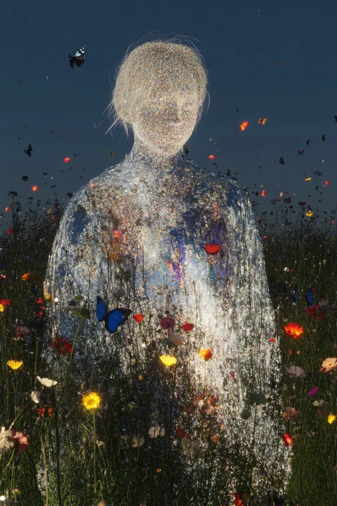 A shimmering, ethereal figure, seemingly composed of countless glittering particles, stands amidst a vibrant wildflower meadow.  Butterflies flutter around the figure, which has the form of a person, creating a dreamlike and surreal scene. The colors are vivid, contrasting the figure's luminosity with the rich hues of the flowers. The overall impression is one of delicate beauty and otherworldly magic.