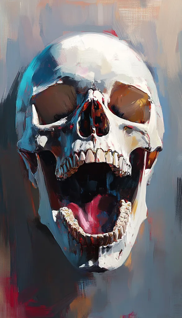 A vibrant, expressive painting depicts a human skull with its jaw wide open, revealing teeth and a tongue rendered in rich, contrasting colors.  The style is impasto, with visible brushstrokes creating texture and depth.  Blues, reds, and whites dominate the palette, emphasizing the skull's dramatic presentation against a muted gray background. The overall effect is both striking and unsettling.