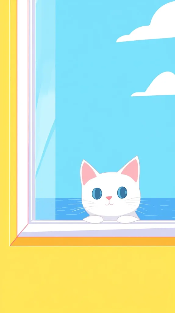 A cute white cat with bright blue eyes peeks from a yellow window frame.  The view outside shows a calm blue sea under a light blue sky dotted with fluffy white clouds. The overall style is minimalist and cartoonish, creating a cheerful and serene atmosphere. The cat's expression is curious and peaceful.