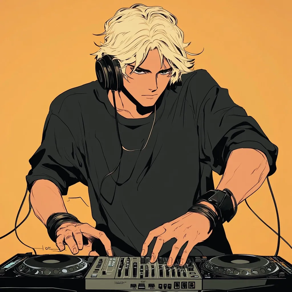 A stylized illustration depicts a young man with blond hair and headphones, intently focused on a DJ mixer.  His serious expression and strong hands suggest concentration and skill. He wears a simple black shirt and bracelets, his attire understated against the vibrant orange background. The image has a bold, graphic style reminiscent of comic book art.