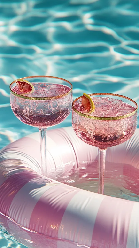 Two pink cocktails, garnished with citrus slices, float in a pink and white striped inflatable ring in a turquoise swimming pool.  The glasses have a gold rim, and the drinks are bubbly and chilled. The scene evokes a luxurious and refreshing summer vibe.