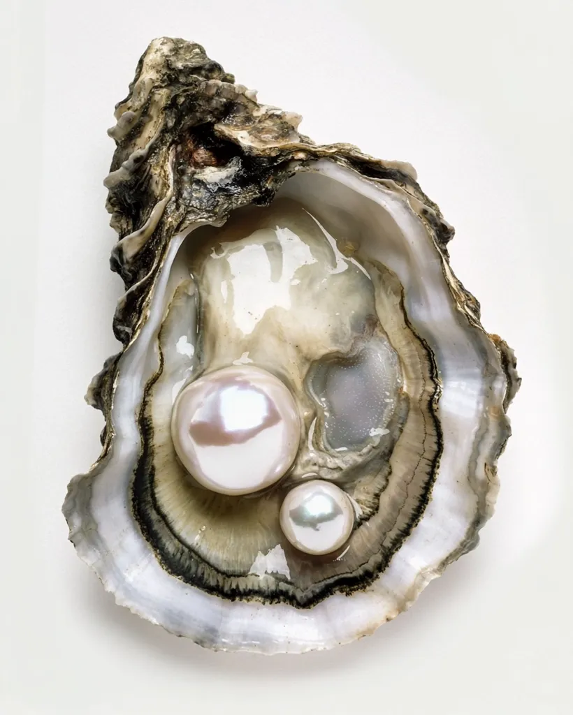 A close-up reveals an oyster shell, its rough exterior contrasting with the smooth, pearly interior. Two lustrous pearls nestle within the shell's moist depths, the larger pearl positioned prominently, accompanied by a smaller pearl nearby. The image is a study in texture and contrasting elements, highlighting the natural beauty of pearls and their origin within the oyster.
