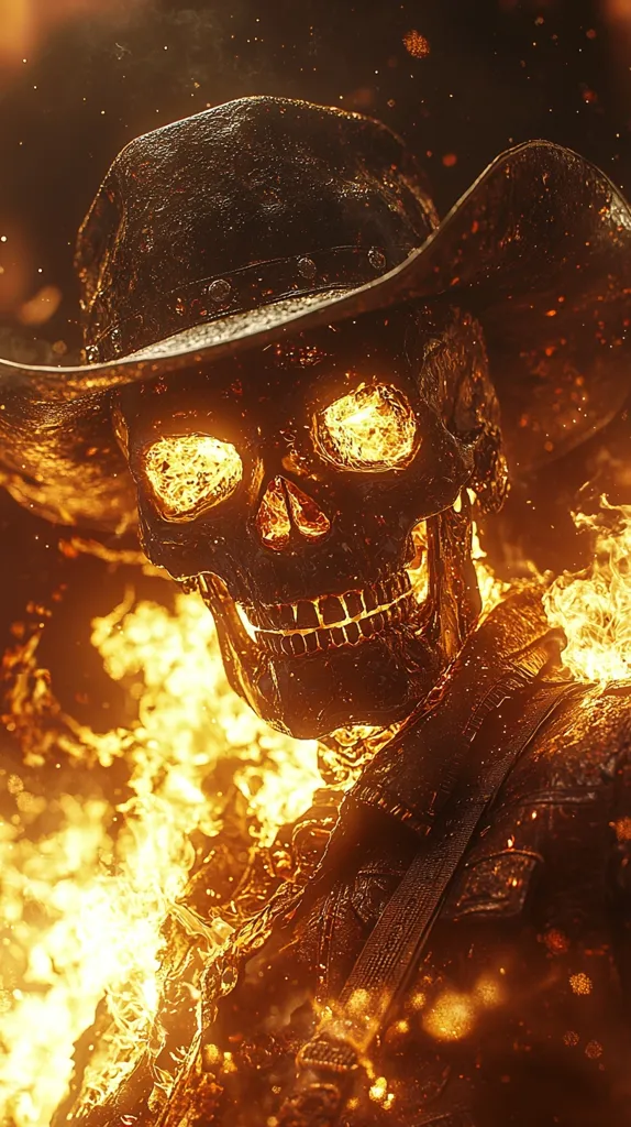 A fiery skull, engulfed in flames, wears a weathered cowboy hat.  The intense orange and yellow flames illuminate the skull's glowing eye sockets, creating a dramatic and surreal image. The skull appears to be wearing a dark, leather jacket, further enhancing the western theme.  The overall effect is one of intense heat and otherworldly presence.