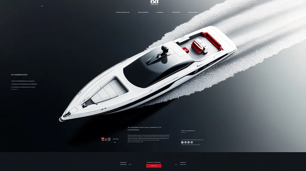 A sleek, white powerboat cuts through the water, leaving a foamy wake.  The boat's design is modern and minimalist, with dark accents and red interior detailing visible from the overhead perspective. The image is set against a dark background, emphasizing the boat's elegant lines and speed.  Website text provides additional information, likely about the boat's specifications and features.