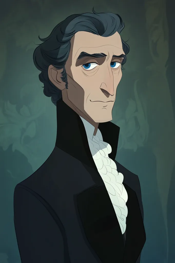 A stylized portrait of a man in a dark coat and ruffled white cravat.  His dark hair is neatly styled, and his expression is serious and somewhat reserved.  The muted green background suggests a formal setting or perhaps a period piece. The artistic style is reminiscent of animation or illustration, with clean lines and subtle shading.  His piercing blue eyes command attention.
