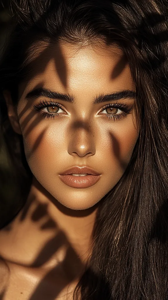 Close-up portrait of a young woman with long, dark brown hair.  Sunlight casts shadows on her face, highlighting her bronzed skin and makeup.  She has full eyebrows,  brown eyes, and a neutral lip color. The overall mood is warm and sensual. The image emphasizes natural beauty and soft lighting.