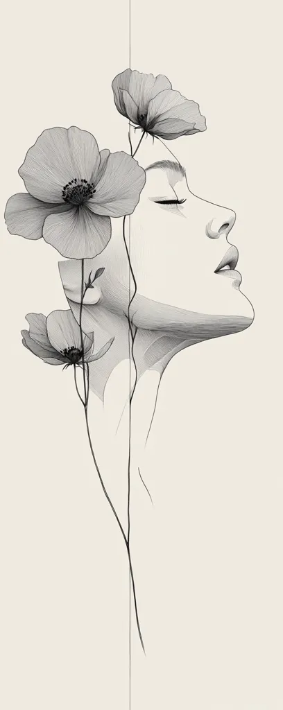 A grayscale illustration depicts a woman's profile, her head tilted back, eyes closed, and face serene.  Delicate linework creates a sense of ethereal beauty.  Poppies, rendered with similar detail, sprout from behind her head and neck, their stems intertwining with a central line, visually connecting the woman and the flowers.  The overall effect is minimalist and elegant.