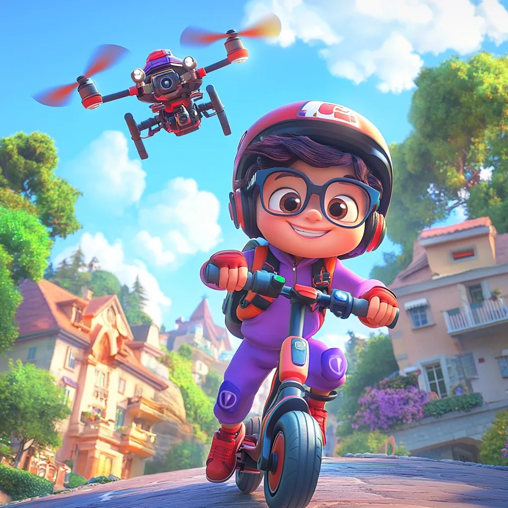 A cheerful cartoon child, wearing a helmet and purple outfit, rides a scooter down a street.  A small drone flies overhead. The background features colorful buildings in a charming European-style village setting under a bright, sunny sky.  The scene is vibrant and playful, suggesting a fun, adventurous story.