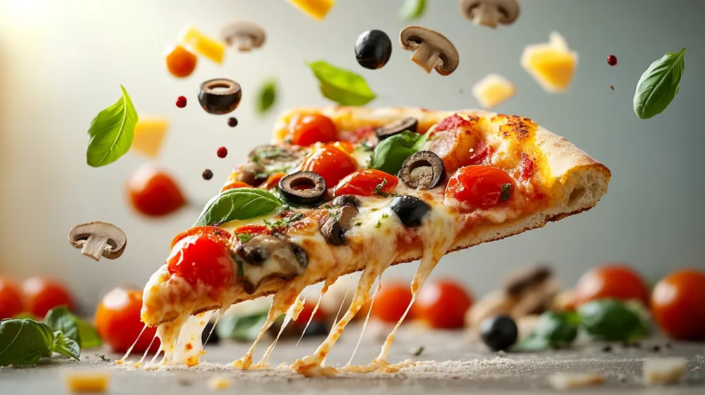 A delicious slice of pizza is suspended in mid-air, with cheese stretching downwards.  Surrounding it are various ingredients including mushrooms, olives, tomatoes, basil, and peppercorns, seemingly floating. The image suggests freshness and vibrant flavors, creating a dynamic and appetizing visual.  The background is blurred, focusing attention on the pizza slice.