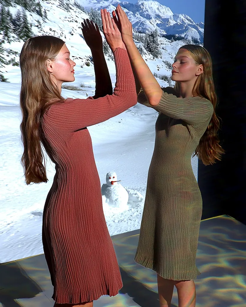 Two young women in ribbed knit dresses stand facing each other, their hands touching in a mirrored pose.  They are positioned against a backdrop of a snowy mountain landscape with a small snowman in the foreground.  The dresses are different muted earth tones, one reddish-brown, the other olive-green.  The scene is serene and somewhat mystical, enhanced by the reflective surface underfoot.