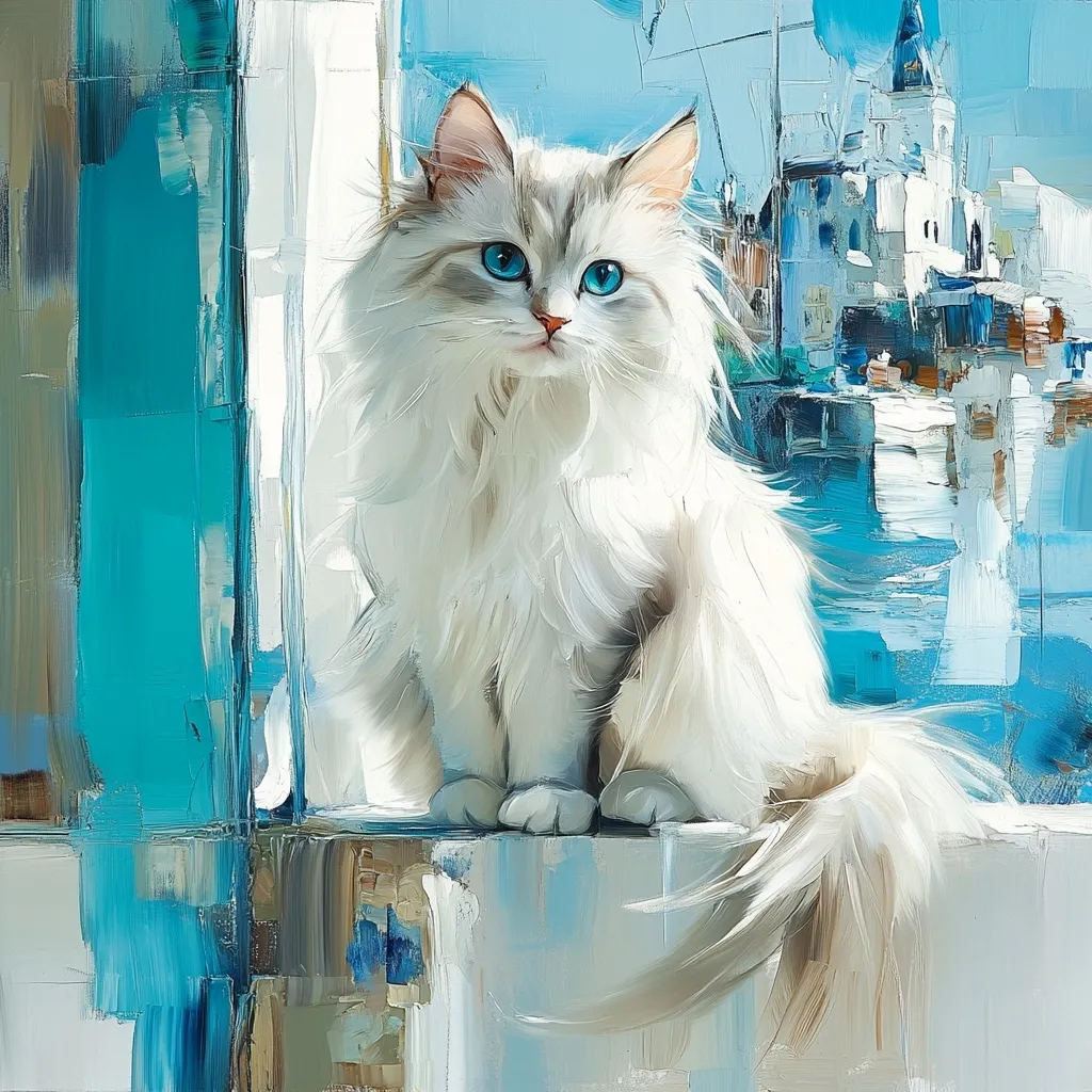 A fluffy white cat with striking blue eyes sits on a windowsill.  The cat is the focal point of the painting, its soft fur rendered with visible brushstrokes.  The background is a vibrant, impressionistic depiction of a waterfront scene, featuring buildings and boats in shades of blue and white. The overall style is expressive and painterly.