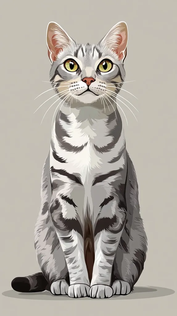 A stylized illustration of a silver tabby cat sitting upright.  The cat's fur is depicted with distinct stripes and shading, emphasizing its texture. Its large, expressive yellow eyes are prominent, and its gaze is directed straight ahead.  The overall style is clean and vector-like, with a focus on precise lines and form. The background is a muted grayish-beige.