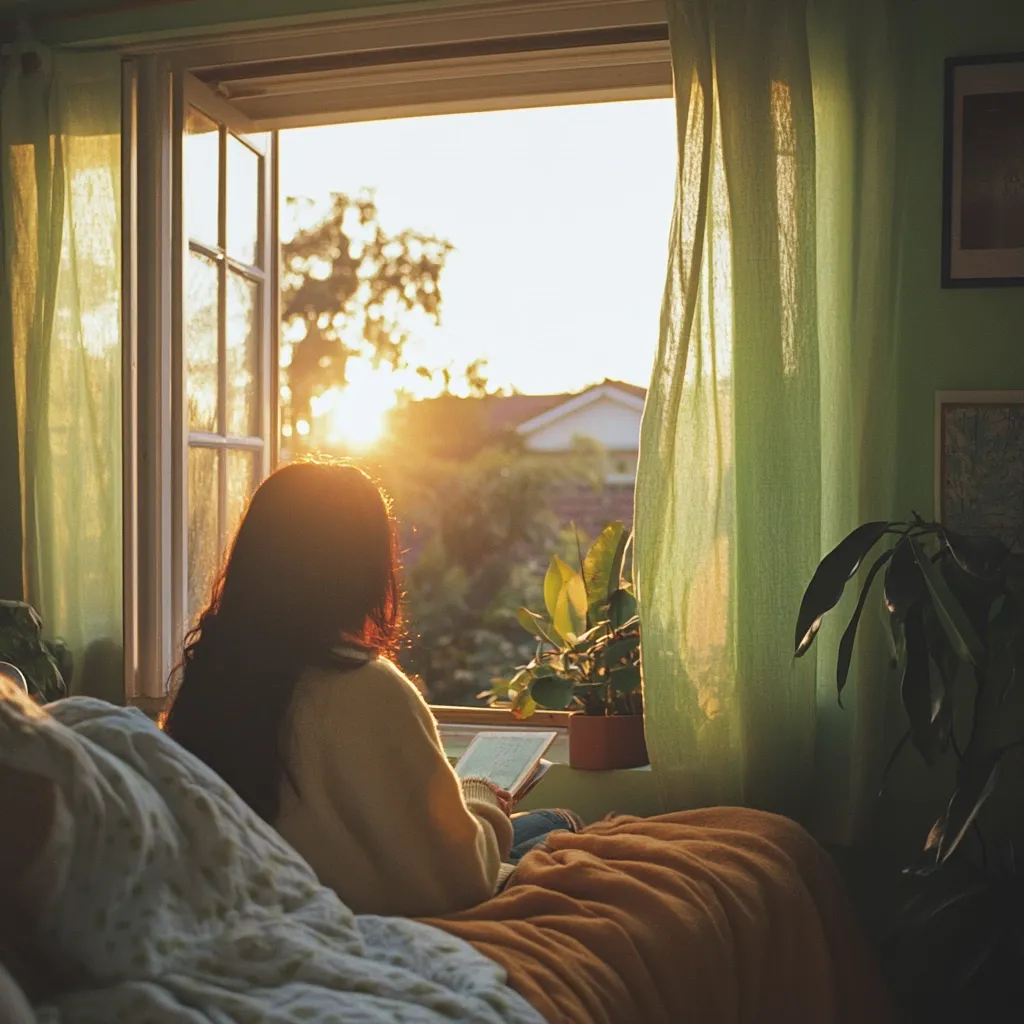 A woman sits in bed, bathed in the golden light of a sunset streaming through an open window.  She holds a book, seemingly lost in thought as she gazes out at the tranquil suburban view.  Soft, sage-green curtains frame the window, and potted plants add to the cozy, peaceful atmosphere of the room.  The scene evokes a sense of calm and quiet contemplation.