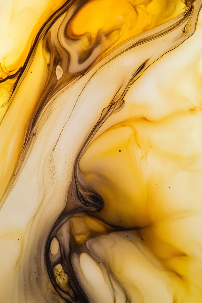 An abstract image showcases swirling patterns of amber and off-white hues.  Darker, almost black, lines and shapes weave through the lighter colors, creating a fluid, dynamic composition. The texture suggests a liquid medium, possibly paint or ink, with subtle variations in tone and opacity, offering a visually captivating blend of color and form. The overall effect is one of organic movement and ethereal beauty.