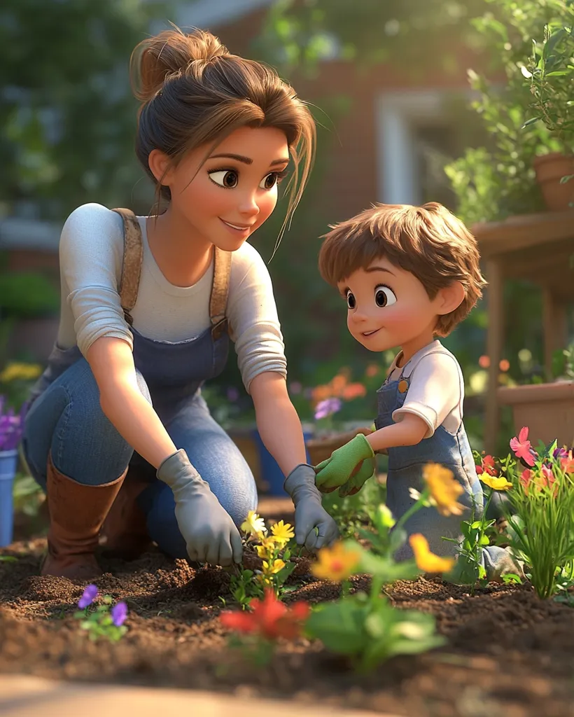 A young mother and her son are lovingly tending to their garden.  The mother, with her hair in a bun, wears overalls and gardening gloves, kneeling beside her son who is also wearing overalls. They are planting flowers together in the warm sunlight, creating a heartwarming scene of family togetherness and outdoor activity. The vibrant colors of the flowers and the soft light enhance the image's peaceful atmosphere.