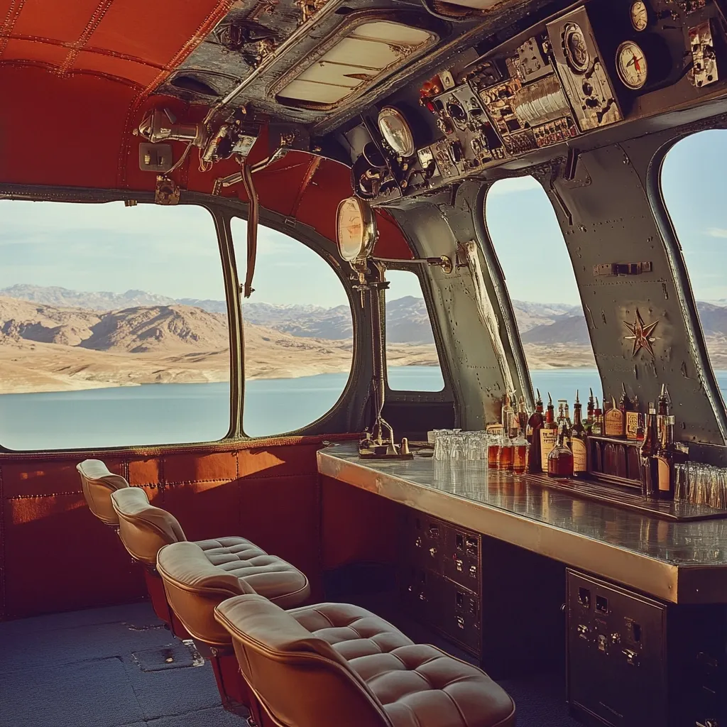 A stunning bar is built into the repurposed interior of an aircraft.  Large windows offer breathtaking views of a desert landscape and a tranquil lake. The bar features a metallic countertop, vintage liquor bottles, and comfortable leather seating.  The aircraft's original control panel remains visible, adding to the unique ambiance.  The overall style is retro-industrial, combining rustic charm with a sleek, modern design.