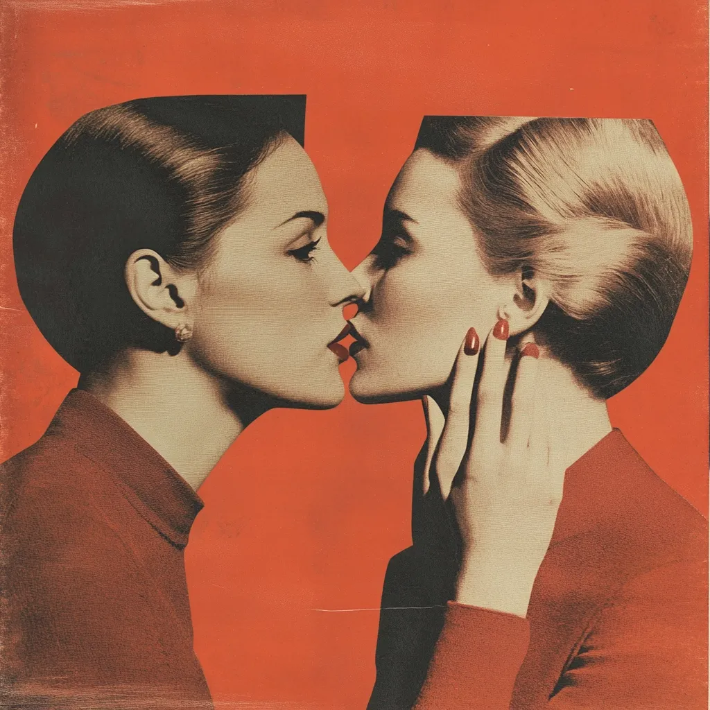 A stylized collage depicts two women in red dresses passionately kissing.  Their heads are fragmented, creating a surreal and abstract composition against a vibrant orange background. The image evokes a sense of intimacy and boldness, with a vintage aesthetic achieved through muted tones and textured effects.  The women's elegant hairstyles and poised expressions add to the sophisticated feel of the artwork.