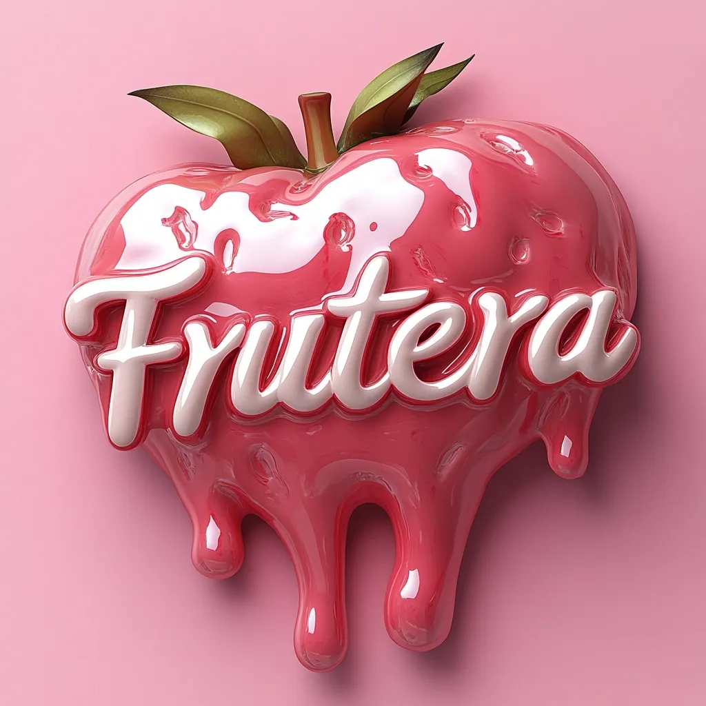 A stylized, melting pink fruit-shaped design features the word "Frutera" in creamy white lettering.  The glossy, dripping form resembles a strawberry or apple, with green leaves atop. The image is set against a pale pink background, creating a playful, almost candy-like aesthetic.  The overall impression is one of sweetness and vibrancy.