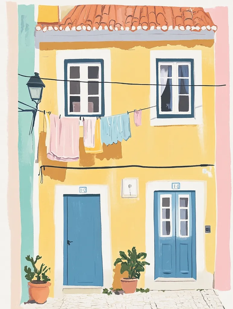A cheerful illustration depicts a two-story, mustard-yellow building.  Pastel-colored laundry hangs on a line strung between the windows.  Two teal doors are positioned at the ground floor, flanked by potted plants.  The scene exudes a quaint, sunny atmosphere, possibly evoking a Mediterranean or European setting.  A simple street lamp is visible on the left.