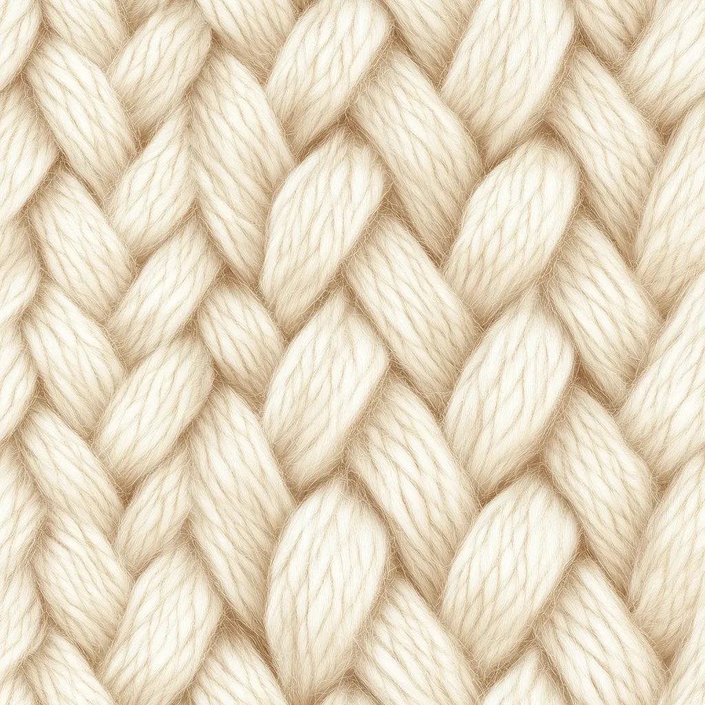The image shows a close-up of a knitted fabric.  The yarn is a creamy off-white color, and the knit is a thick, chunky cable pattern.  The texture is plush and soft-looking, suggesting a warm and cozy material, possibly wool or a wool blend. The pattern is consistent and creates a visually appealing, textured surface.