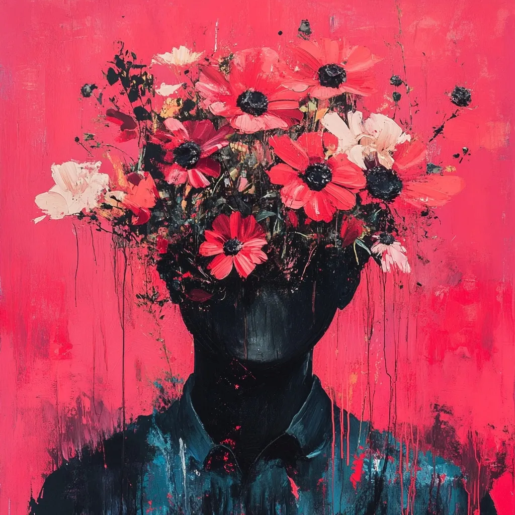 A vibrant abstract painting depicts a faceless figure with a head full of blooming red and white flowers against a bold pink background. The flowers, rendered with expressive brushstrokes, create a sense of overflowing emotion. The figure's dark, almost shadowy form contrasts with the bright floral explosion, suggesting a hidden inner world bursting with life and feeling. The painting's texture is rough and dynamic, adding to its emotional intensity.