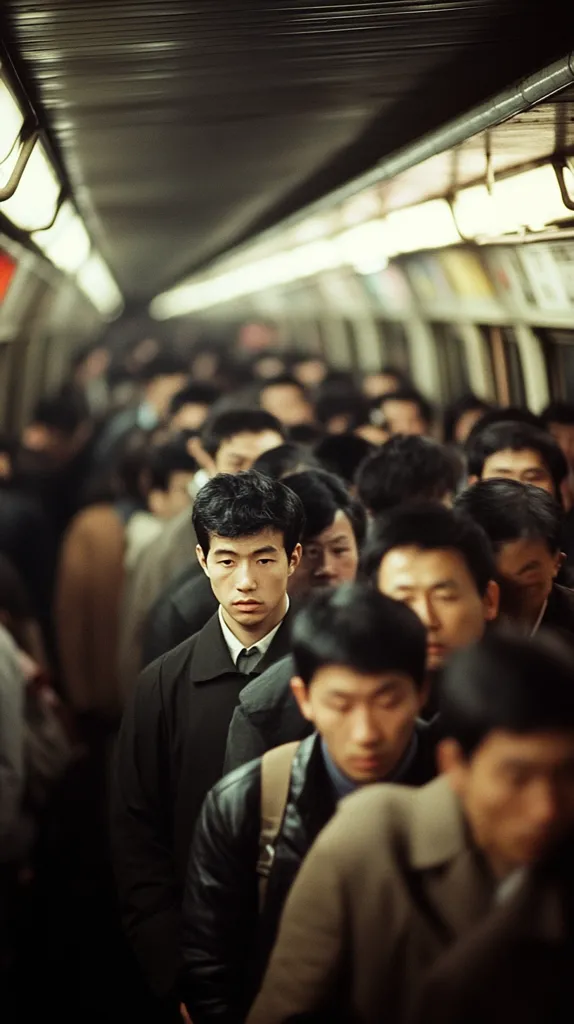 A crowded subway car, dimly lit, features a sea of faces. The focus is on a young man with dark hair and a serious expression, standing amidst a throng of commuters. The overall atmosphere is one of anonymity and urban density, with the blurred figures suggesting the movement and rhythm of city life. The image captures a fleeting moment in the daily commute of a large metropolis.