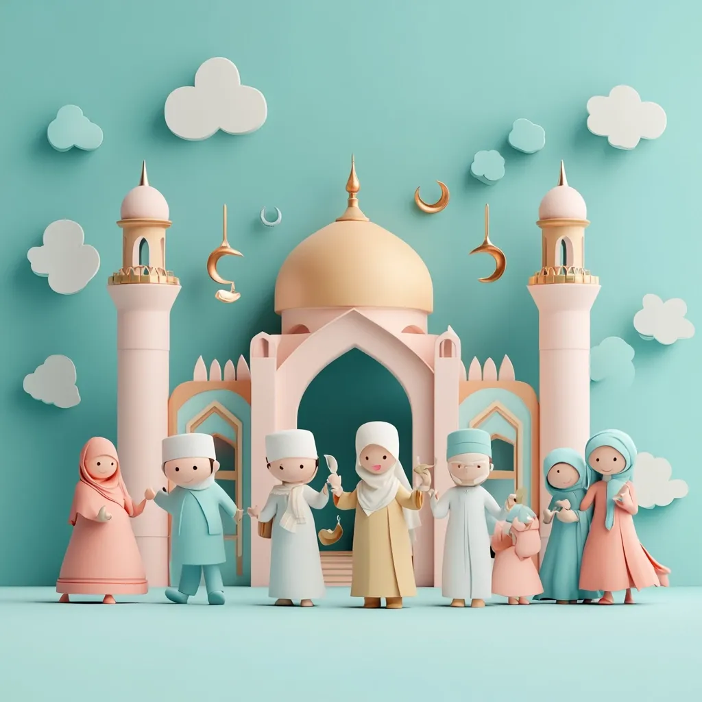 A charming 3D rendering depicts a group of cartoon children in traditional Islamic attire standing before a pastel-colored mosque.  Crescent moons and clouds adorn the light teal background. The children, holding hands, exude joy and festivity, creating a cheerful scene ideal for celebrating Eid or a similar religious occasion.  The overall style is cute and whimsical.