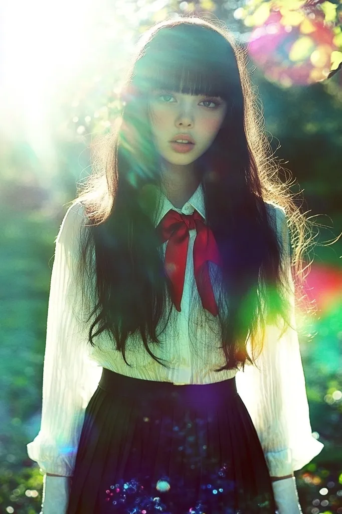 A young woman with long, dark hair and bangs stands in a sun-dappled forest.  She wears a white, long-sleeved blouse with a red bow tie and a dark pleated skirt.  Luminous effects from the sun create a dreamy, ethereal atmosphere around her.  Her expression is serene and slightly pensive.