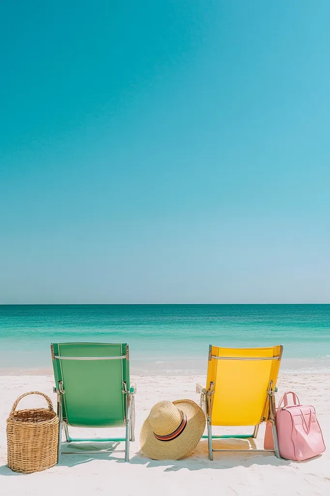 Two brightly colored beach chairs sit on a pristine white sand beach, facing a calm turquoise ocean under a clear blue sky.  A woven basket and a pink handbag rest beside the chairs, along with a straw sunhat. The scene evokes a feeling of serenity and relaxation, perfect for a summer getaway.
