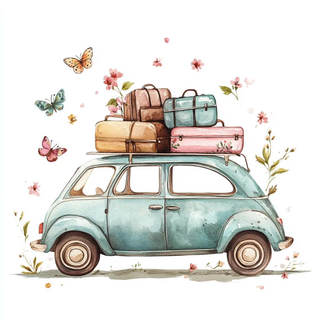 A charming watercolor illustration depicts a vintage light-blue car adorned with pastel-colored suitcases on its roof rack.  Butterflies and delicate wildflowers flutter around the car, creating a whimsical, travel-themed scene. The overall style is sweet and nostalgic, suggesting a carefree journey.