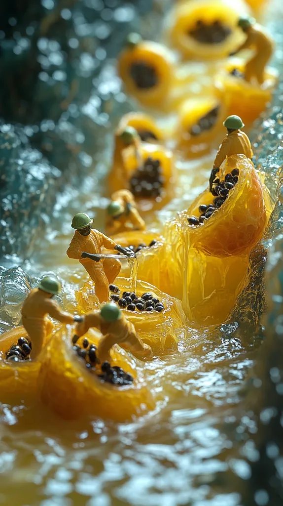 Miniature figures in yellow protective suits navigate a rushing stream of papaya halves.  They work diligently, scooping dark seeds from the fruit and guiding them down the waterway.  The scene is a whimsical tableau, blending miniature figures with the vibrant colors and textures of ripe papayas.  The contrast between the tiny workers and the flowing fruit creates a captivating image.