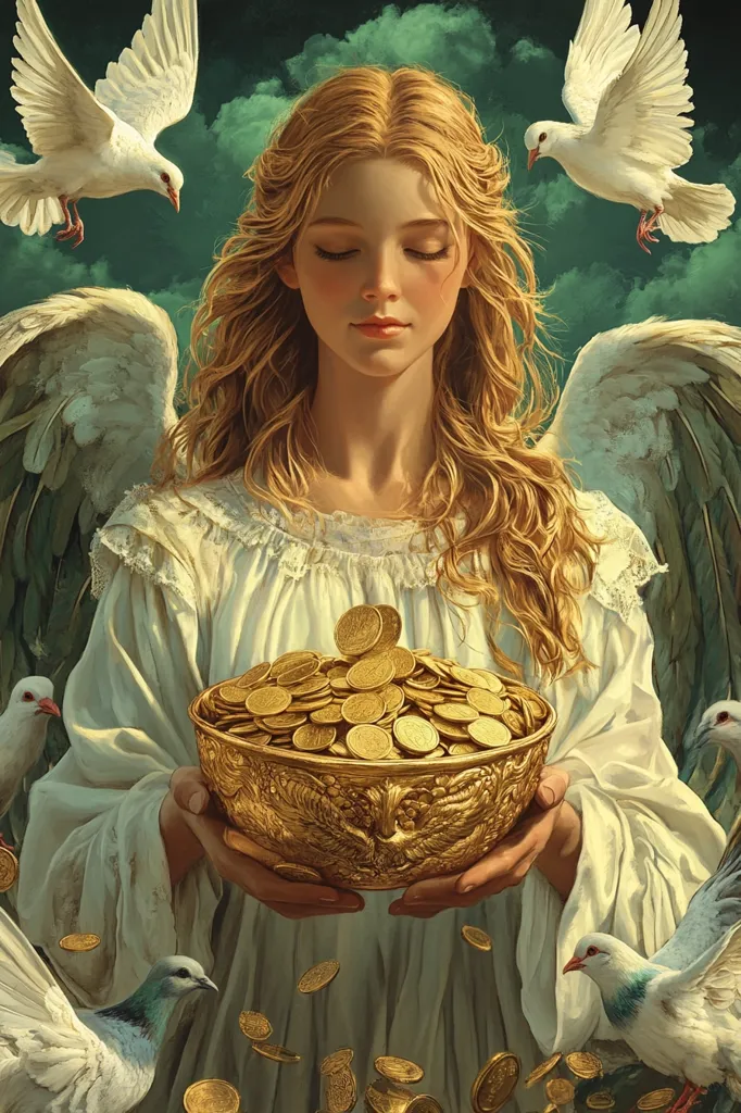 A serene angel with flowing blonde hair and large wings holds a golden bowl overflowing with gold coins.  Doves surround her, symbolizing peace and prosperity.  The image evokes a sense of divine abundance and blessings, with a soft, ethereal quality. The angel's expression is calm and peaceful, radiating tranquility.  Gold coins fall gently around her, adding to the opulent feel.