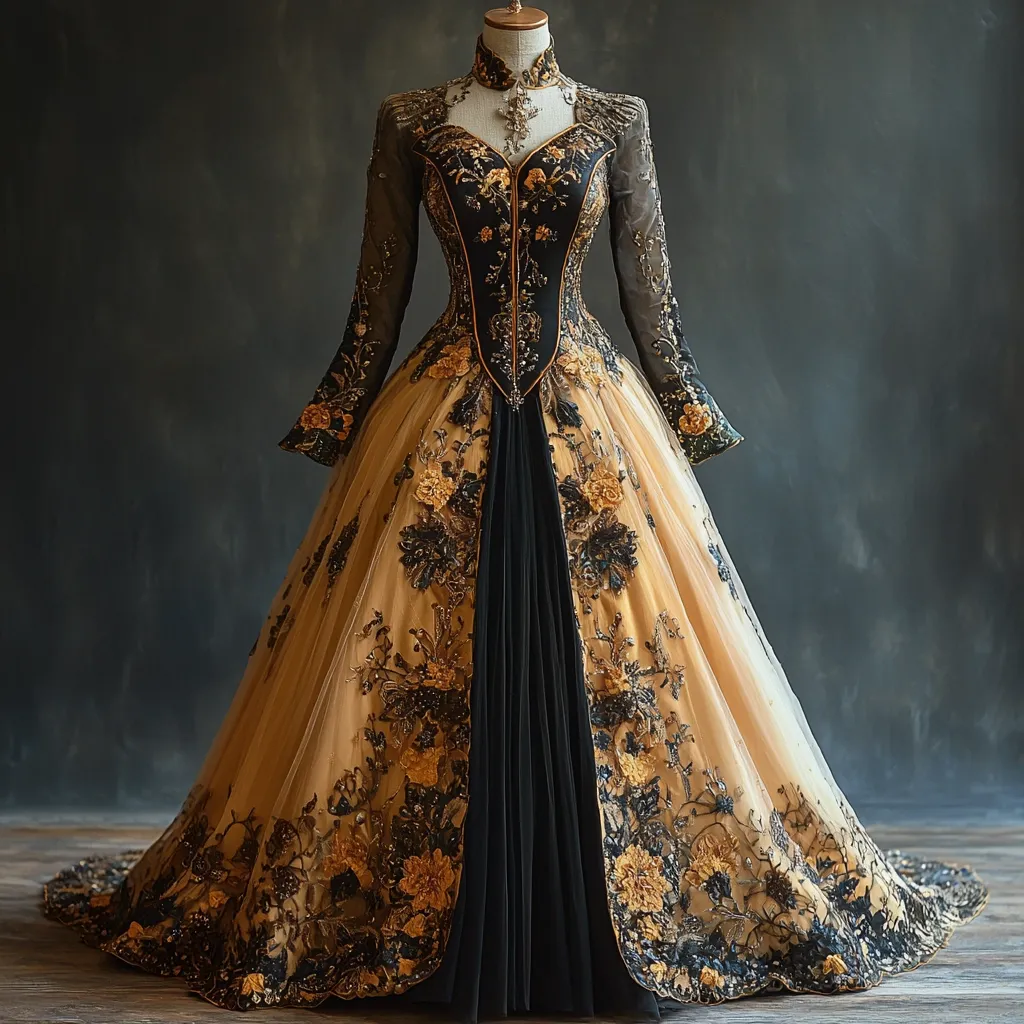 A stunning ballgown, displayed on a mannequin, commands attention.  The long-sleeved gown features a fitted bodice with intricate gold and black embroidery, contrasting a champagne-colored tulle skirt adorned with matching floral embellishments.  A high neck and a dramatic train complete this opulent and regal design, reminiscent of historical fashion. The dark background accentuates the gown's luxurious details.