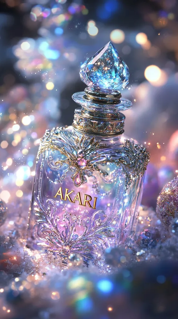 A captivating image showcases an ornate perfume bottle, labeled "AKARI," nestled in a snowy, sparkling setting.  The bottle's design is intricate, featuring a large,faceted, blue gemstone stopper and shimmering, silver detailing.  Surrounding it are bokeh lights, enhancing the magical and ethereal atmosphere.  The overall aesthetic is dreamy and luxurious, evoking a sense of fantasy and wonder.