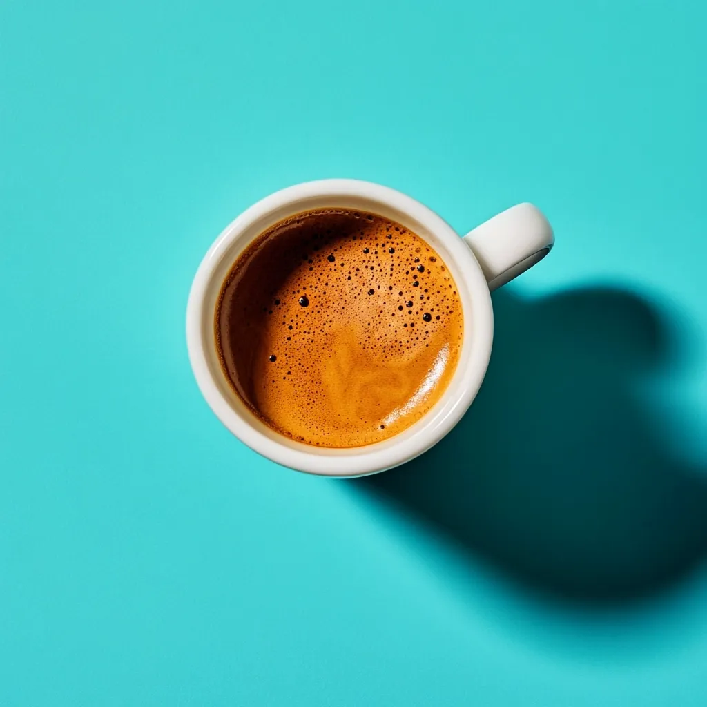 A small white espresso cup filled with freshly brewed espresso sits on a vibrant teal background.  The crema on top is rich and bubbly, showcasing the coffee's quality. The cup casts a slight shadow, adding depth to the overhead shot.  The overall image is clean, simple, and evokes a feeling of morning energy.